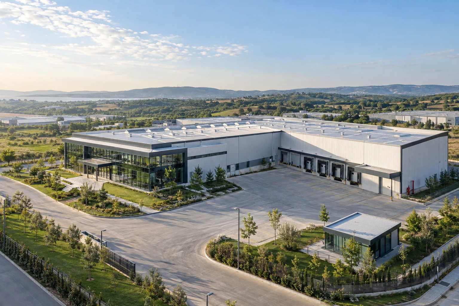 Düz çatılı üretim tesisi, cam ofis kanadı, yükleme avlusu ve bağımsız modüler ofis içeren kavramsal fabrika